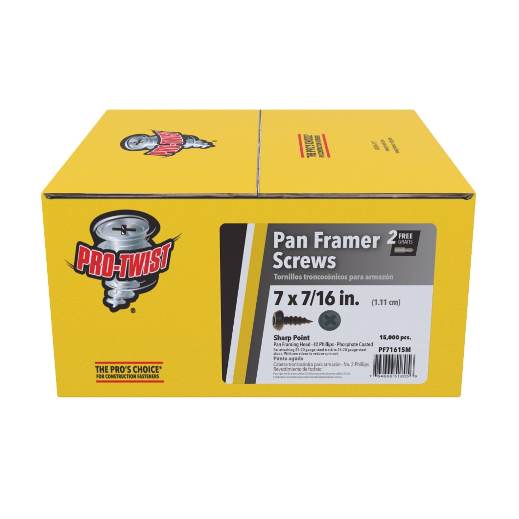 A yellow box of Pro-Twist PF71615M #7 x 7/16 in. #2 Phillips Pan Framing Head Light Gauge Steel Screws (25 lb., 10,000/pack), labeled in English and Spanish, provides a reliable construction fastening solution.